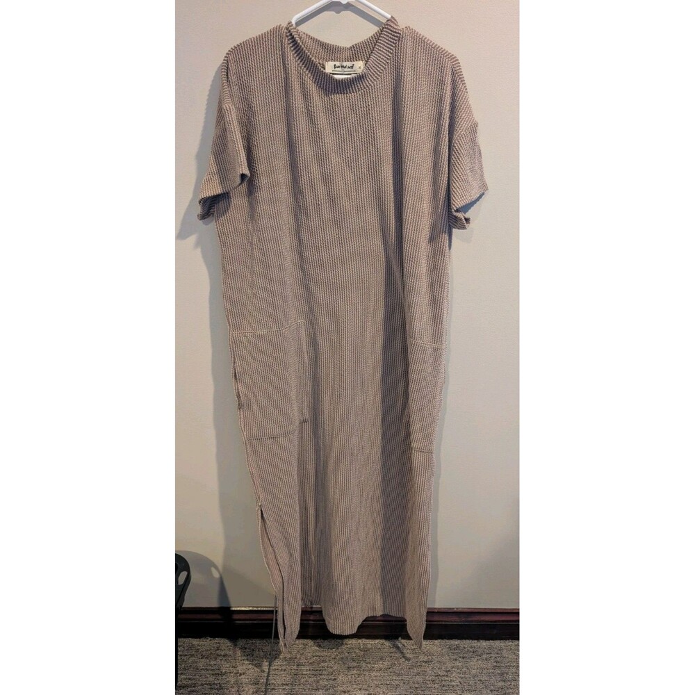 EUC Three Bird Nest XL Taupe Knit Maxi Tee Dress Easy Days Pockets Side Slit